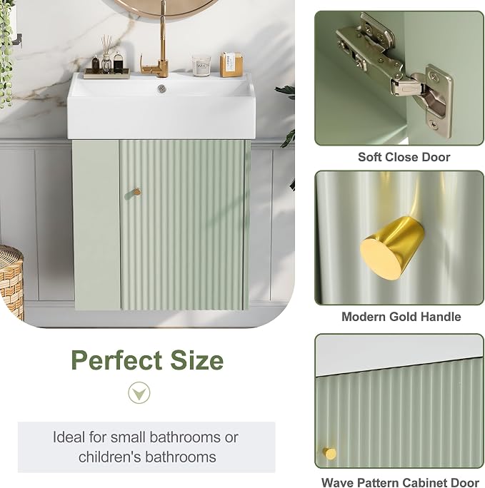 Merax 20" Green Bathroom Vanity, Wall Mounted Floating Vanity - Image 5