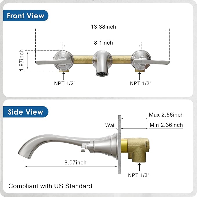 Brass Wall Mount Tub Filler, High Flow 8" Spout Reach Brushed Nickel Bathtub - Image 6