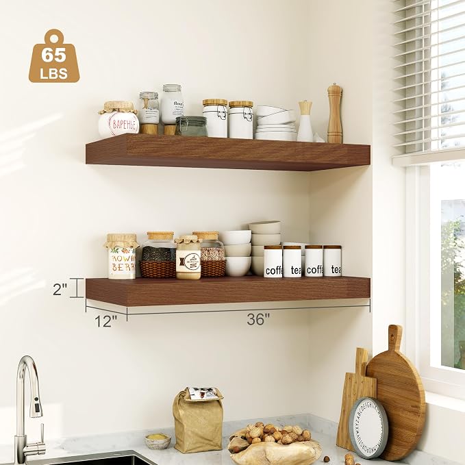 12" Deep Walnut Floating Shelves, Over Toilet Long Wall Mounted Modern - Image 3