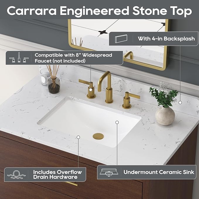 36 Inch Bathroom Vanity with Sink, Solid Wood Frame with Engineered Marble - Image 3
