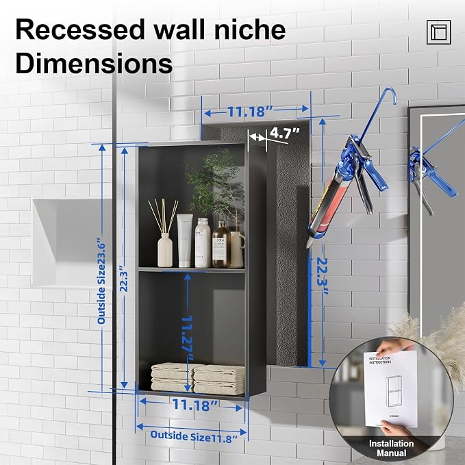 Bathbliss Shower Niche, No‑Tile Recessed Wall Niche, 11.18"x22.3" SUS304 - Image 2