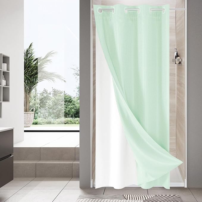 MitoVilla Green Waffle Small Stall Shower Curtain Liner Set 36 x 74, No Hooks by MitoVilla