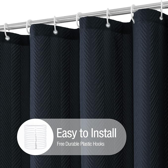 Gibelle Navy Blue Shower Curtain, 3D Embossed Textured Herringbone Fabric - Image 3