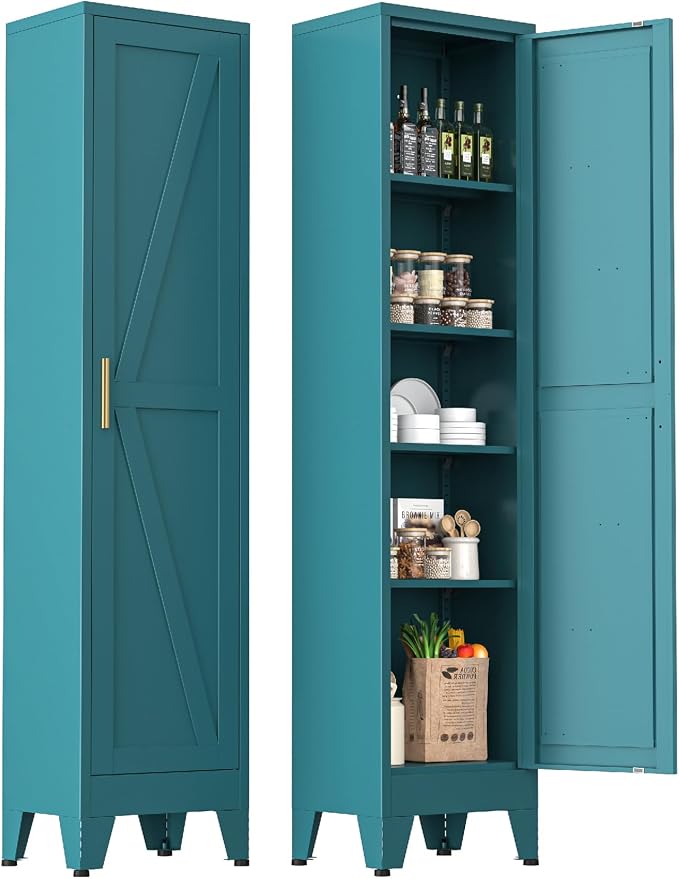 Narrow Metal Cabinet with 4 Adjustable Shelves and Barn Doors, Tall Bathroom by MetalStorageCabient