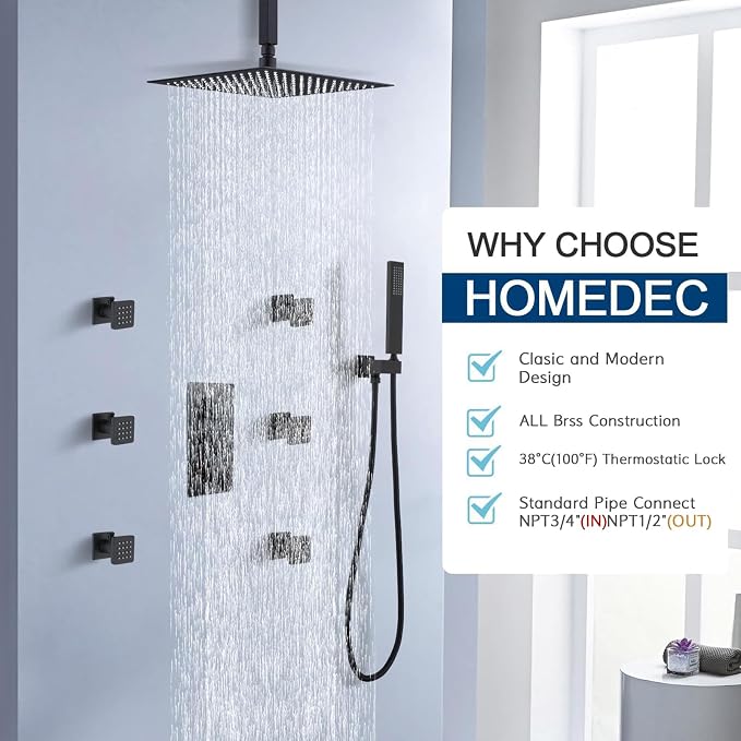 HOMEDEC Brass 3 Way Shower Diverter Valve, Thermostatic 3 Handle Control Shower - Image 2