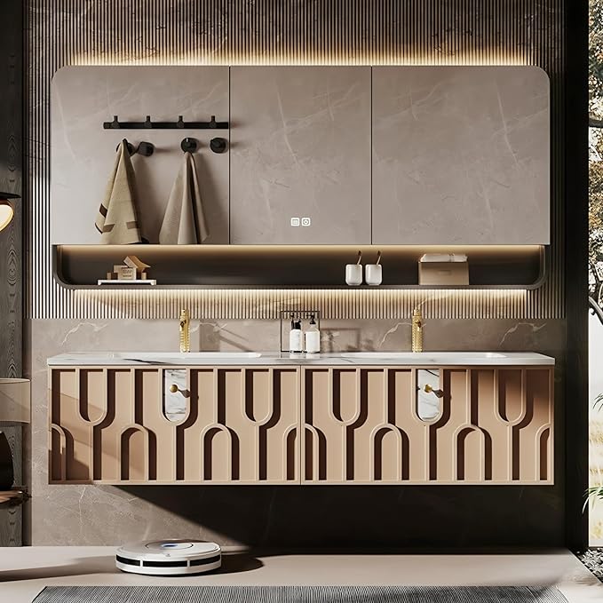 Double Sink Bathroom Vanity 80Inch, Modern Floating Vanity Set by LUTHXAY