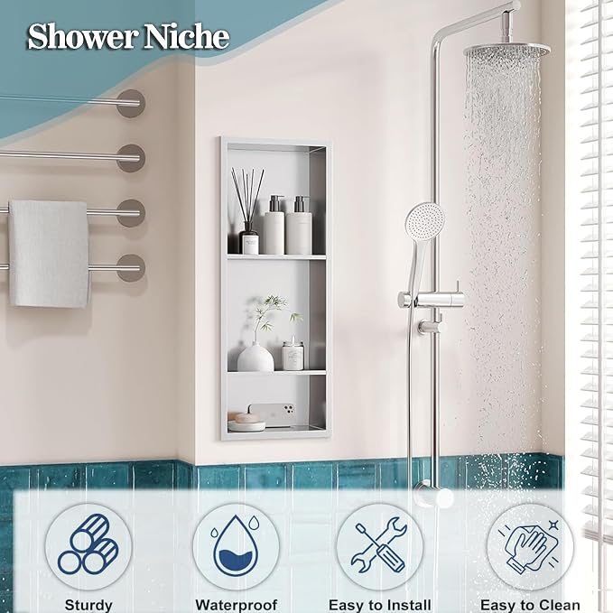 Neodrain 12X30 Inch Brushed Three Layers Stainless Steel Shower Niche, NO Tile - Image 4