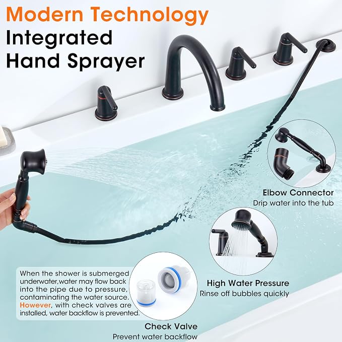 Roman Bath Tub Faucet Set with Sprayer, 5 Hole Widespread Deck Mount Bathtub - Image 8