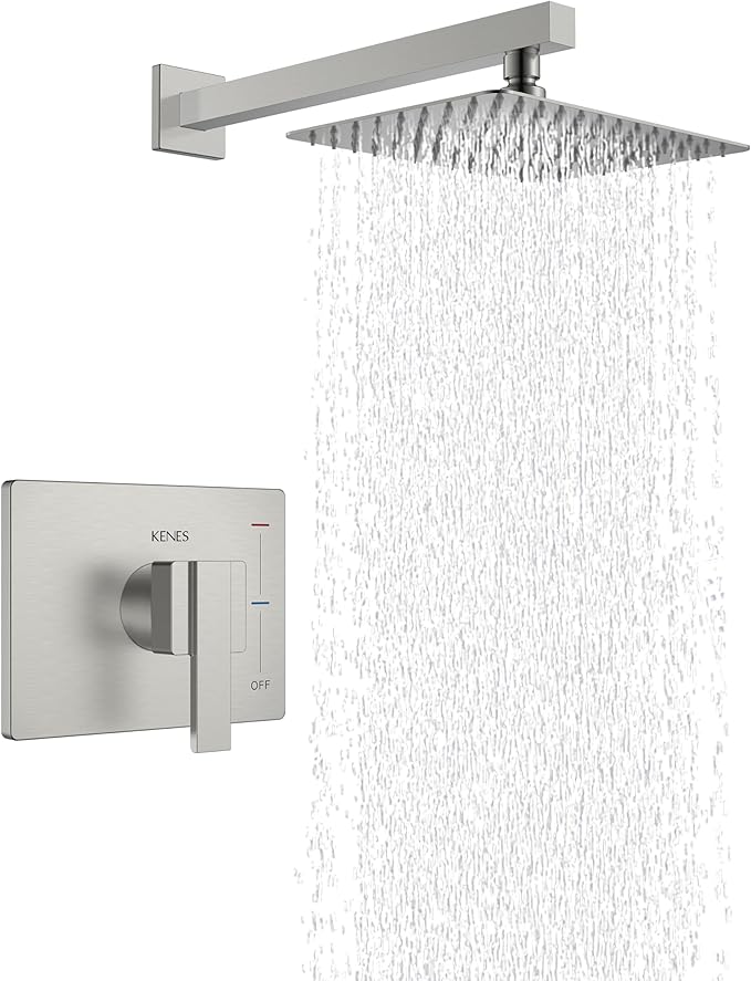 KENES Brushed Nickel 10-Inch Shower Head and Handle Set, Square Shower Faucet by KENESBathroomKitchen