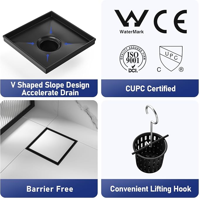 Square Shower Drain 8", Matte Black Floor Drain - Image 3