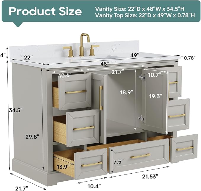 48 Inch Bathroom Vanity with Sink Combo, Solid Wood Frame with Mable Top - Image 2