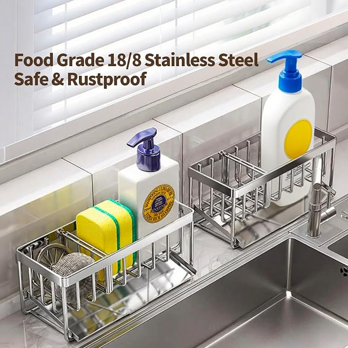 Sink Caddy Sponge Holder for Kitchen, 18/8 Stainless Steel Self Drain Tray - Image 6