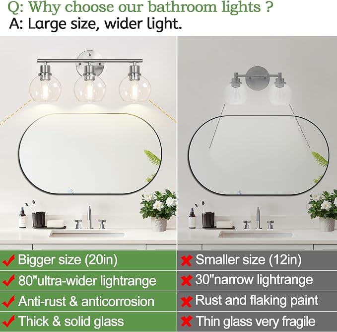 3-Light Bathroom Light Fixtures, Brushed Nickel Modern Vanity Lights Over Mirror - Image 2