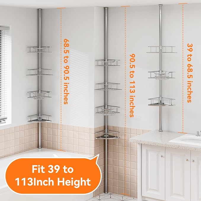Corner Shower Caddy Tension Pole Rustproof, 4 Tier Adjustable Shower Organizer - Image 2
