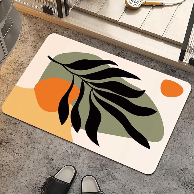 Bath Mat Rug, Boho Botanical Leaves Non Slip Quick Dry Super Absorbent Thin by ZHUZHISHAN