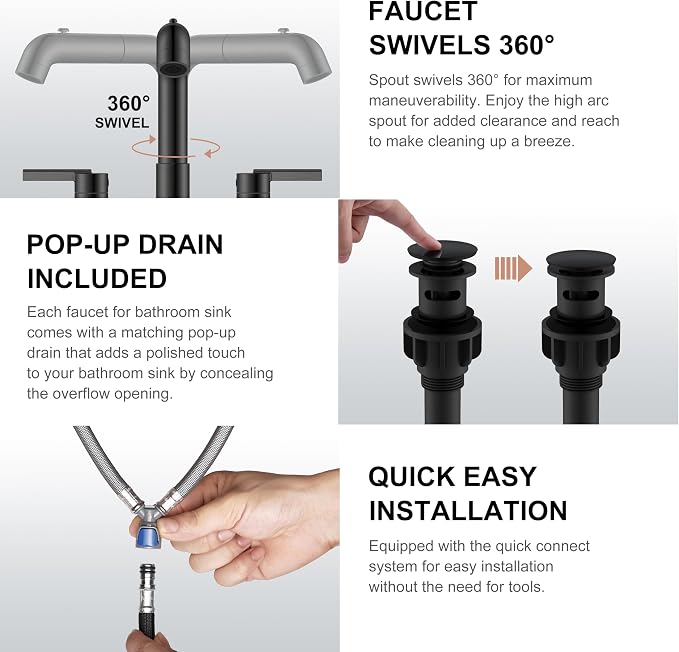 KENES Matte Black Pull Out Bathroom Faucet, 8 Inch 2 Handle Widespread Bathroom - Image 7