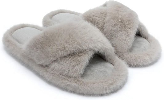 Chantomoo Womens Slippers Memory Foam Fuzzy Cross Band Faux Fur Slippers by Chantomoo