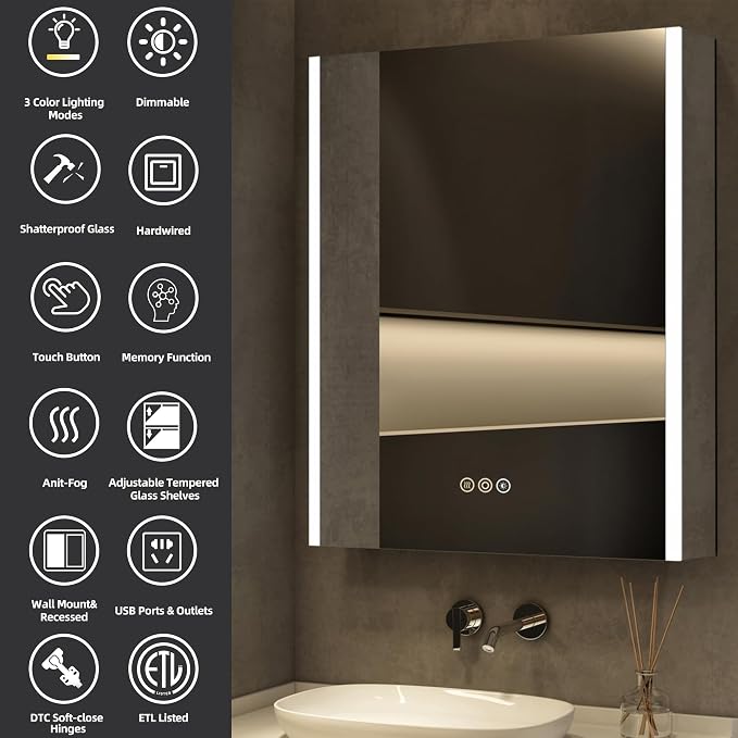 Medicine Cabinet with LED Lights and Mirror, 20 x 28 Inch Surface or Recessed - Image 3