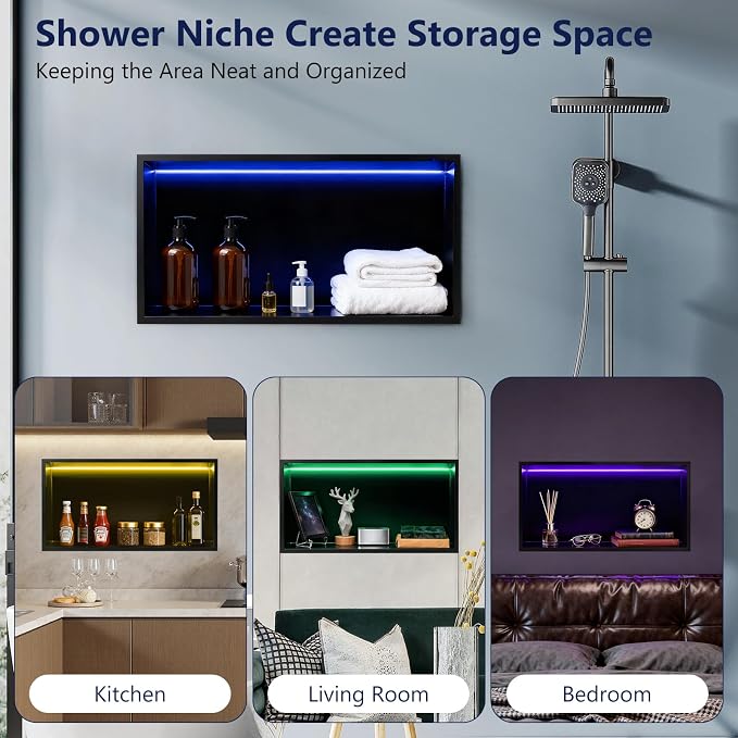 24" X 12" RGB LED Shower Niche No Tile Needed, 304 Stainless Steel Shower Niche - Image 6