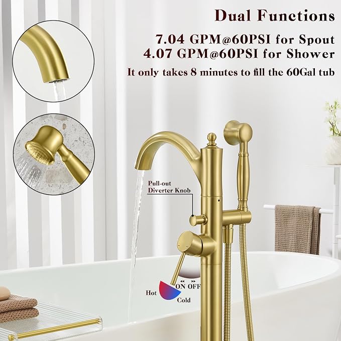 Free Standing Tub Faucet, High Flow Rate Brushed Light Gold Classic - Image 4