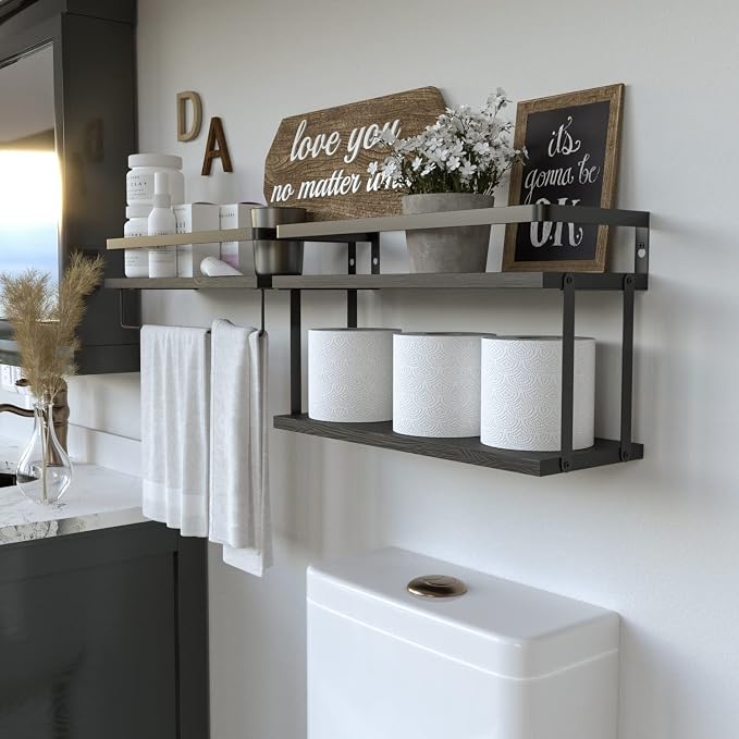 RICHER HOUSE 2+1 Tier Wall Mounted Floating Shelves Set of 2, Rustic Wood Wall - Image 6