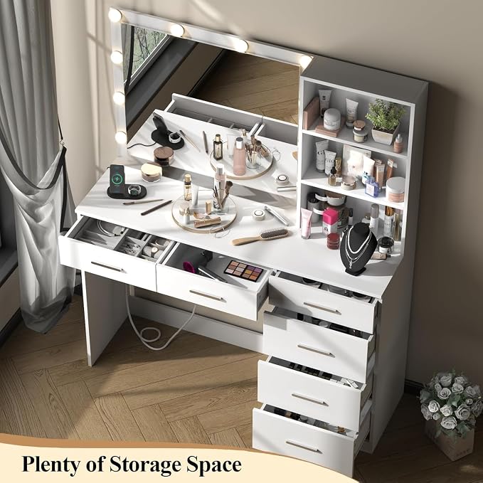 Loomie Vanity Desk with Lighted Mirror & Power Outlet, Makeup Vanity Table with - Image 3