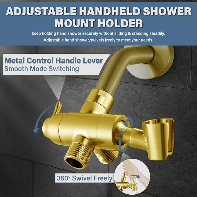 Metal Shower Arm Diverter with Handheld Mount, G1/2" 3-Way Shower Diverter - Image 3