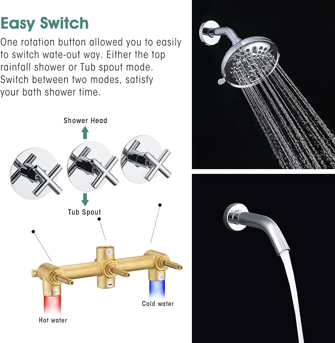 PROOX 3 Handle Tub Shower Faucet Set, 9-Setting Rainfall Shower Head - Image 5