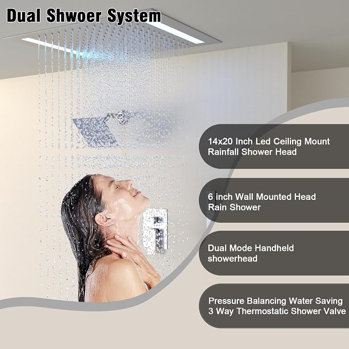 Rain Shower Head System with 14x20 Inch Ceiling Mount LED Head & 6 Inch Wall - Image 4