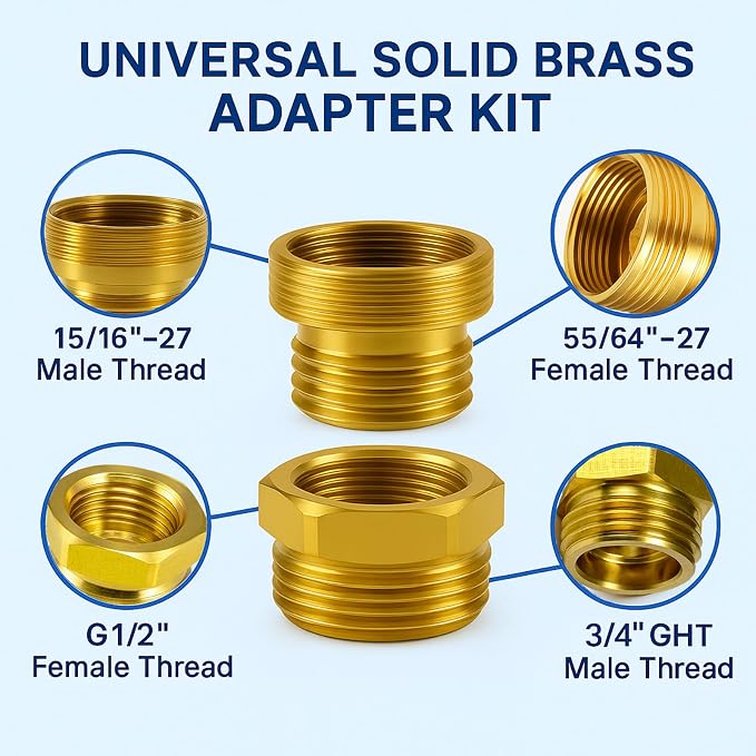 Shower Hose Adapter and Faucet Adapter Kit, Brass G1/2" Female, 55/64"-27 Female - Image 3