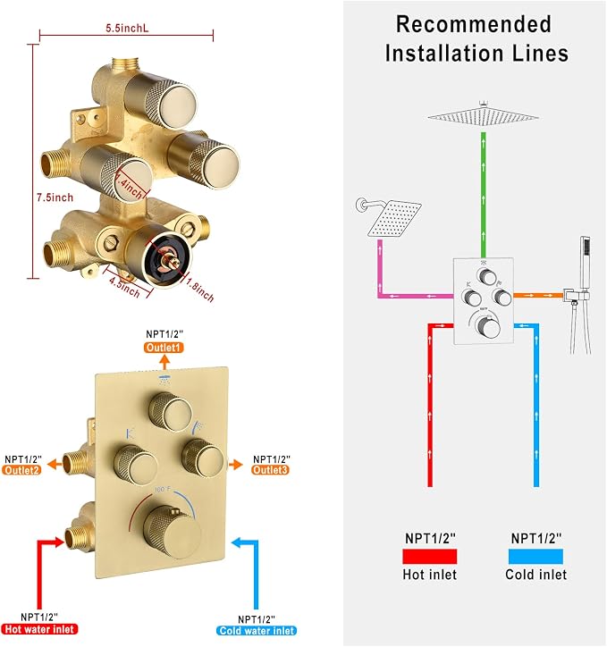 Modern Push Button 3 Way Thermostatic Shower Valve, Concealed 3 Outlet Multi - Image 4