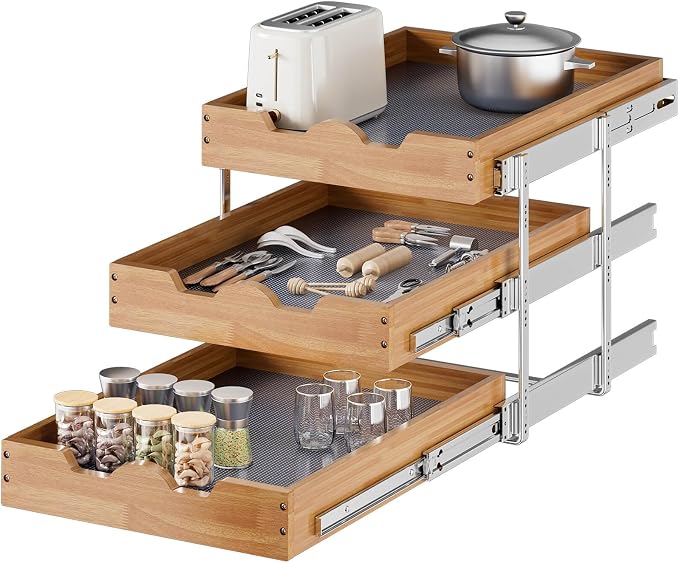 OCG Pull Out Cabinet Drawer 20" W x 21" D, 3 Tier Pull Out Cabinet Organizer by OCG