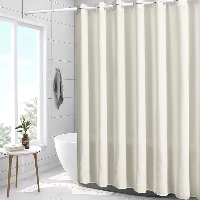 Furlinic No Hook Beige Shower Curtain, Polyester Fabric Bathroom Curtains - Image 5