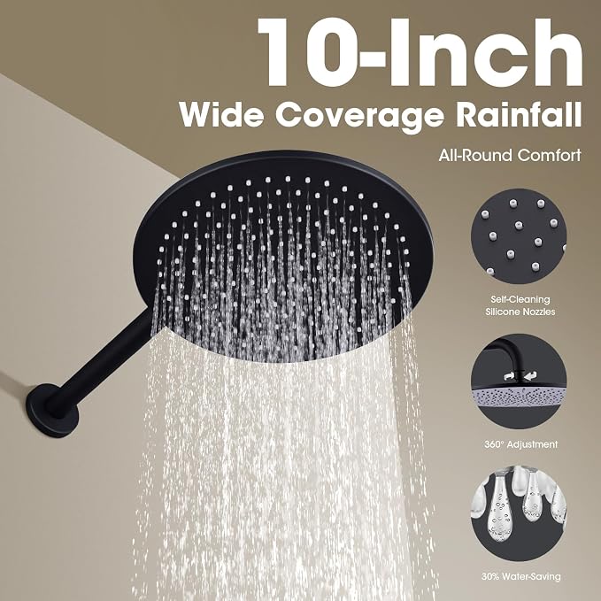 TRUSTMI Matte Black Shower System Wall Mounted Pressure Balance 10-Inch - Image 2