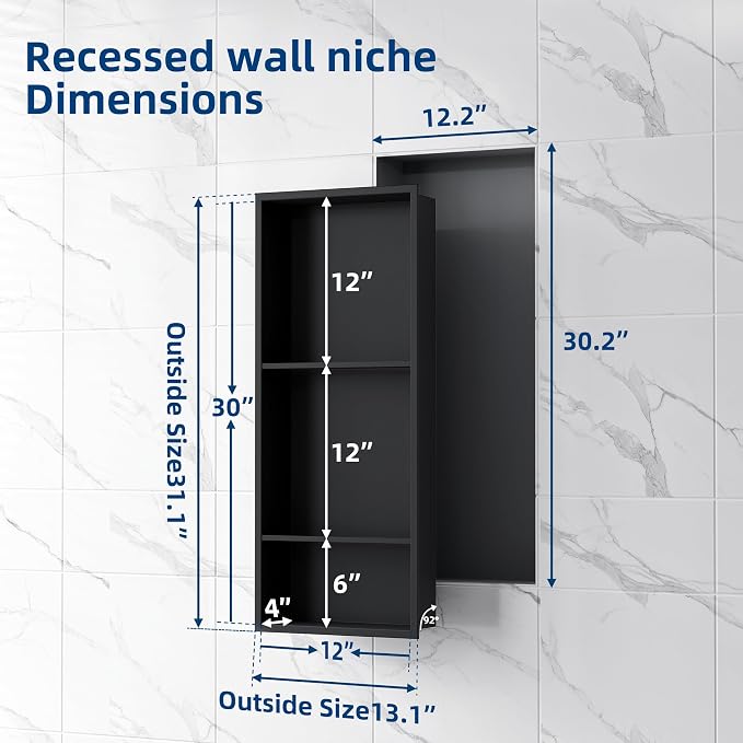 Neodrain 12X30 Inch Matte Black 3-Tier Stainless Steel Shower Niche, NO Tile - Image 2