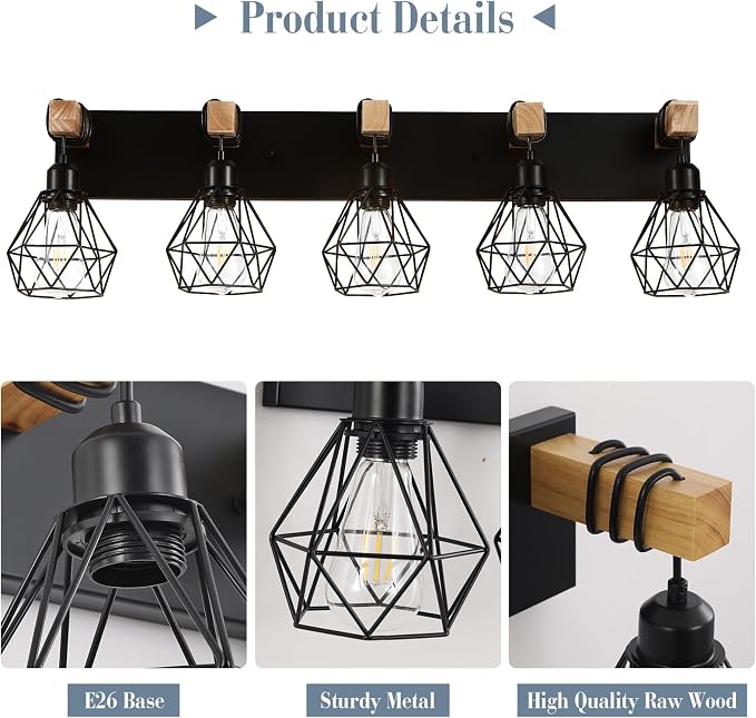 Farmhouse Vanity Light for Bathroom, 5-Light Wood Bathroom Vanity Light - Image 4
