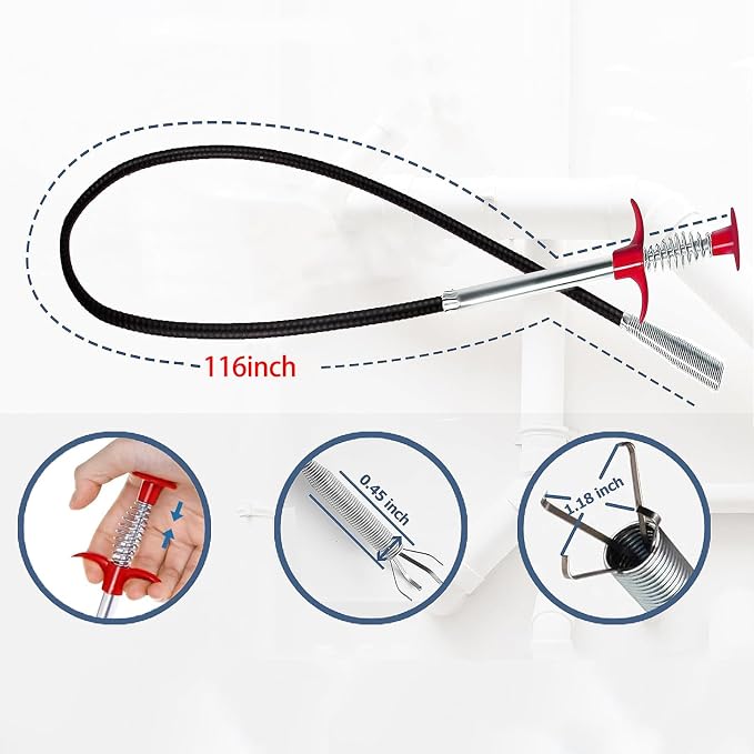 Drain Snake, 116 inch Flexible Grabber Claw Pick Up Reacher Tool, Drain Clog - Image 3