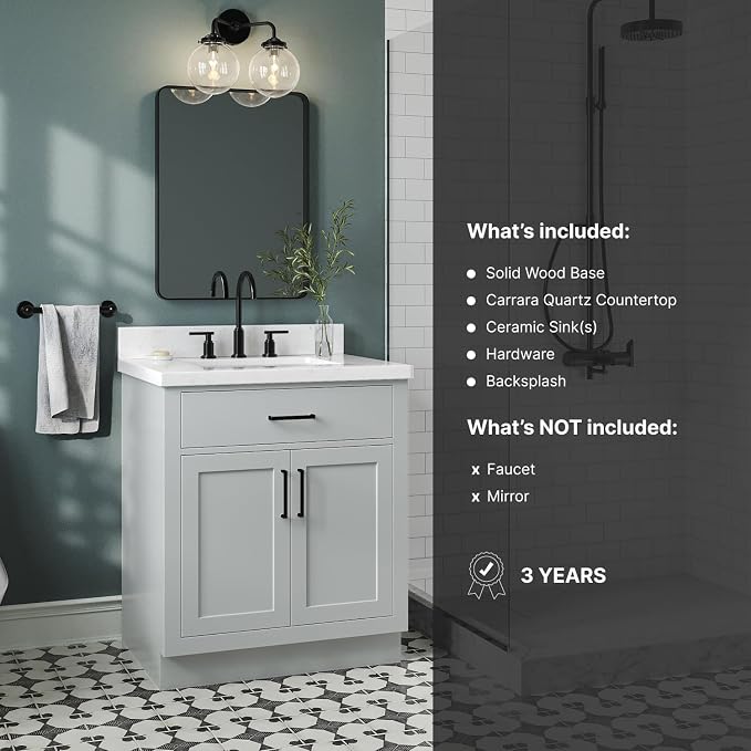 ARIEL 30" Bathroom Vanity with Sink, Carrara White Quartz Top 1.5" Edge - Image 5