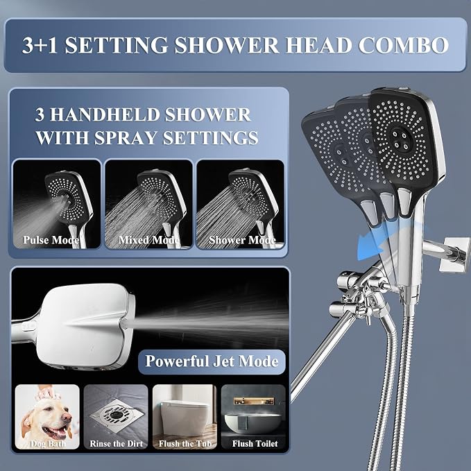 12 Inch Rain Shower Head with Handheld Spray Combo and Extention Arm, High - Image 5
