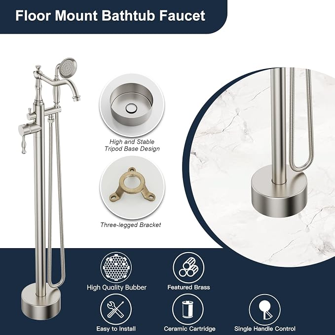 Brushed Nickel Bathtub Faucet Freestanding Tub Filler High Pressure Single - Image 3