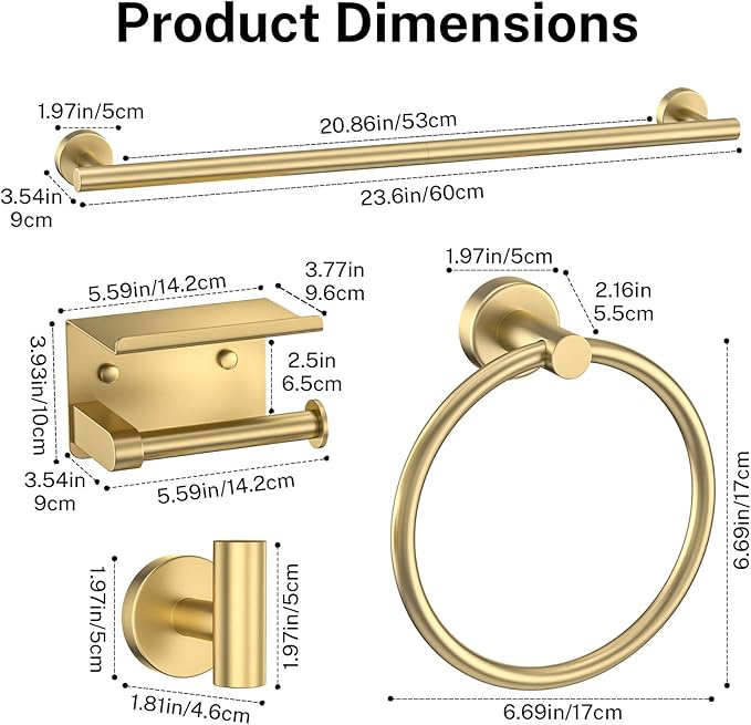 Brushed Gold Bathroom Hardware Set 5 Pieces Towel Bar Set Round Towel Holder Set - Image 6