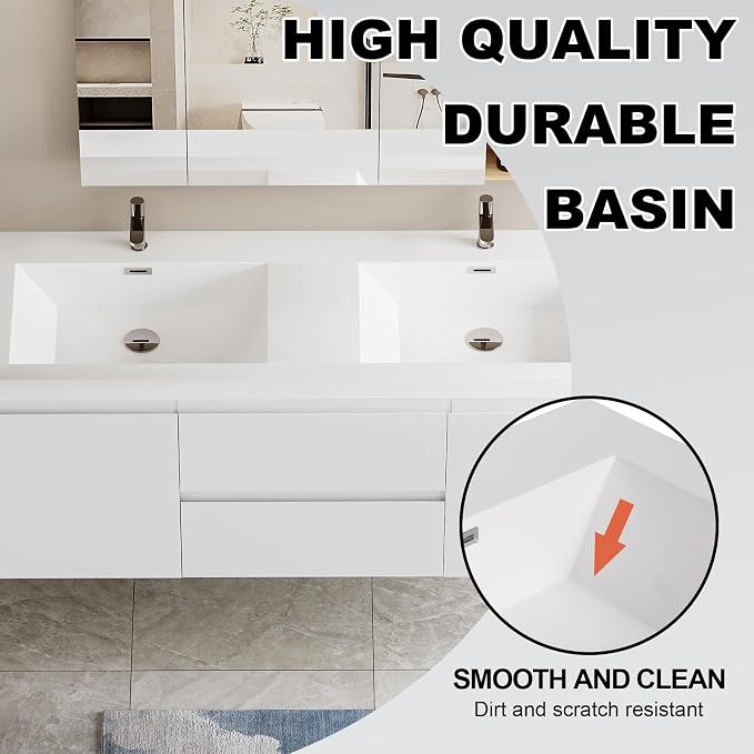 60-Inch Floating Bathroom Vanity, Modern Wall-Mounted Bathroom Storage Vanity - Image 3