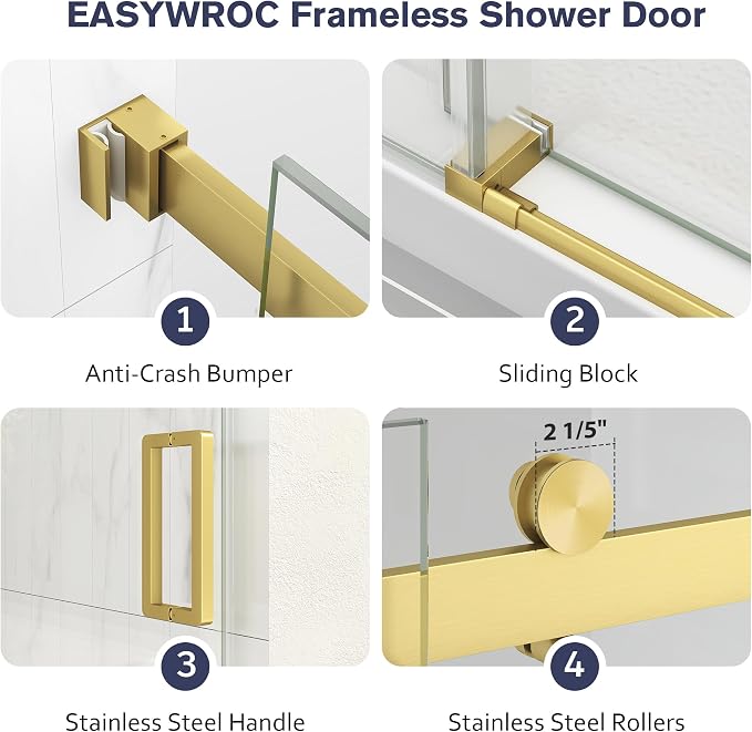 Frameless Shower Door, 49-54" W x 76" H Sliding Glass Shower Door, 1/4''(6mm - Image 8