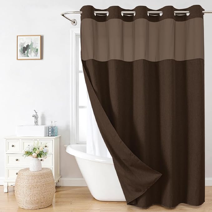 Extra Long No Hooks Needed Linen Textured Shower Curtain by EACHOPE