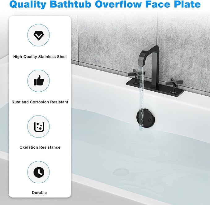 Tub Drain Overflow Cover Black- 3-1/8" Two Hole Bathtub Drain Overflow Cover - Image 4
