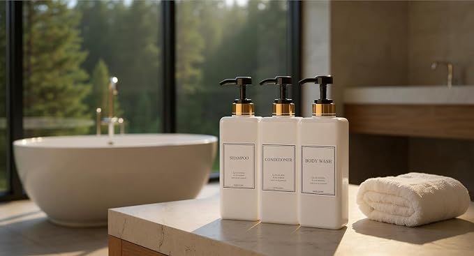 Modern Gold Design Pump Bottle Set 27 oz Refillable Shampoo and Conditioner - Image 9