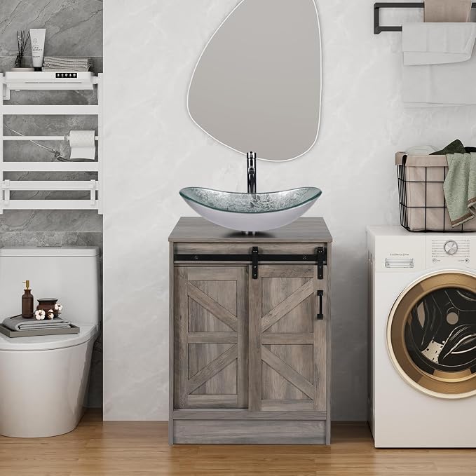 24-inch Barn Door Bathroom Vanity, Farmhouse Style Standing Pedestal Cabinet by Solidee