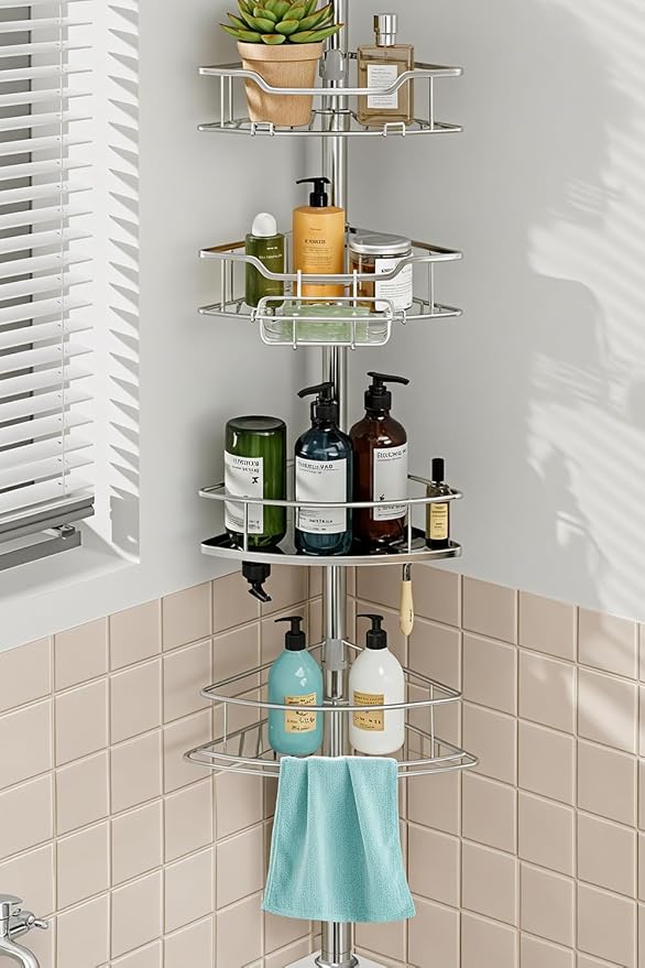 Corner Shower Caddy Tension Pole Rustproof, 4 Tier Adjustable Shower Organizer by DIYMyHome