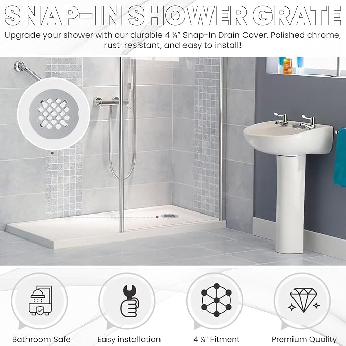 4 ¼” Chrome Snap-in Shower Drain Cover -Solid Brass Construction - Image 2