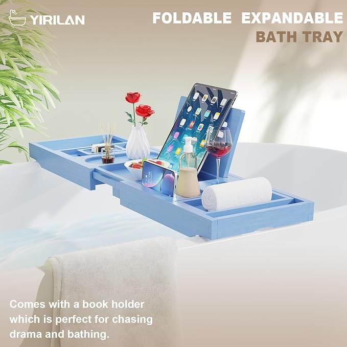 Yirilan Foldable Bamboo Bathtub Tray Caddy, Bathtub Tray - Image 5